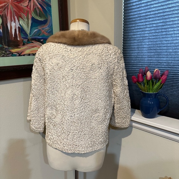 Ribbon Knit Jacket with Mink Collar by Projansky c1960s Gorgeous! Fits Sz M-L - Picture 5 of 16